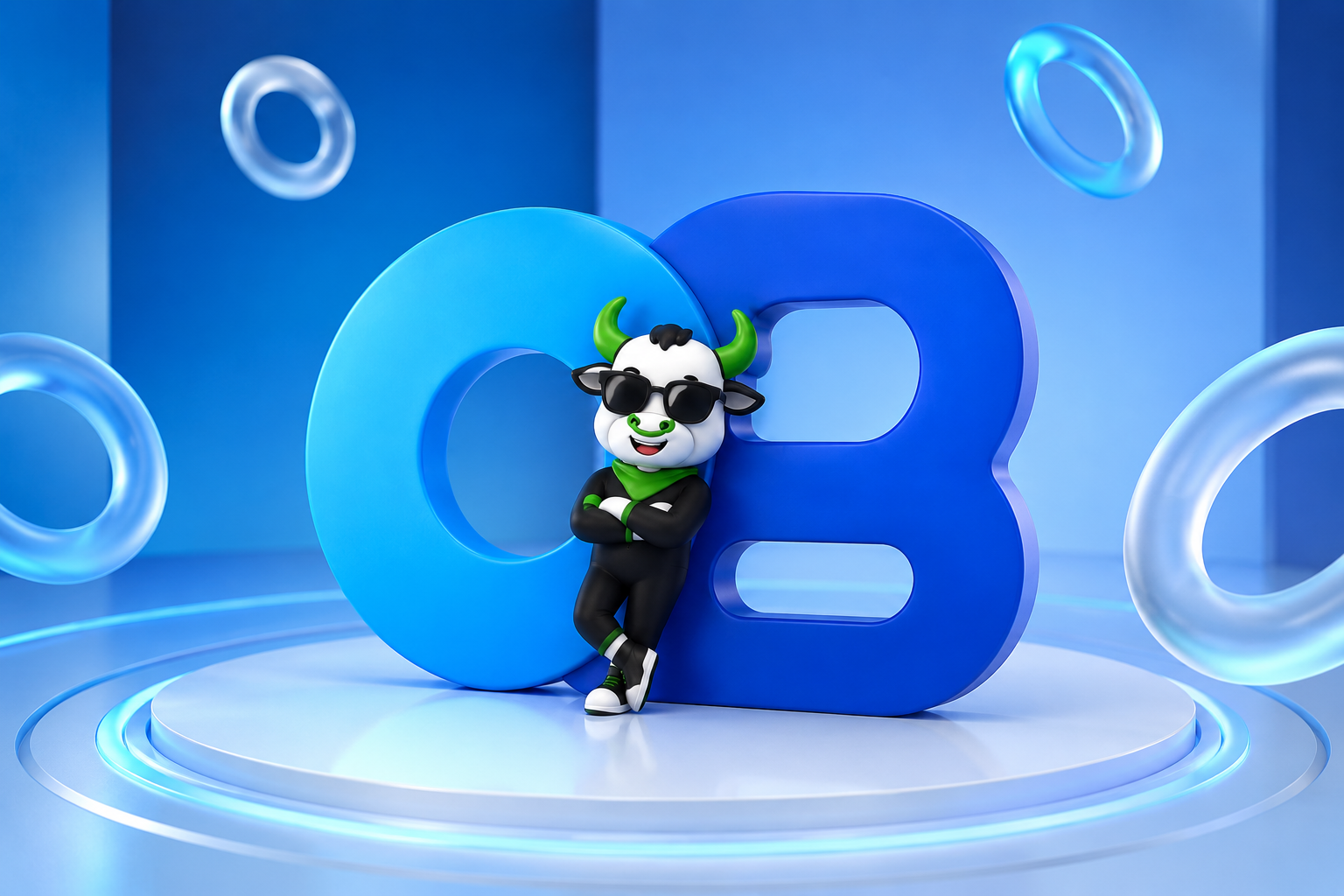 OnlyBulls mascot leaning on the OB mark
