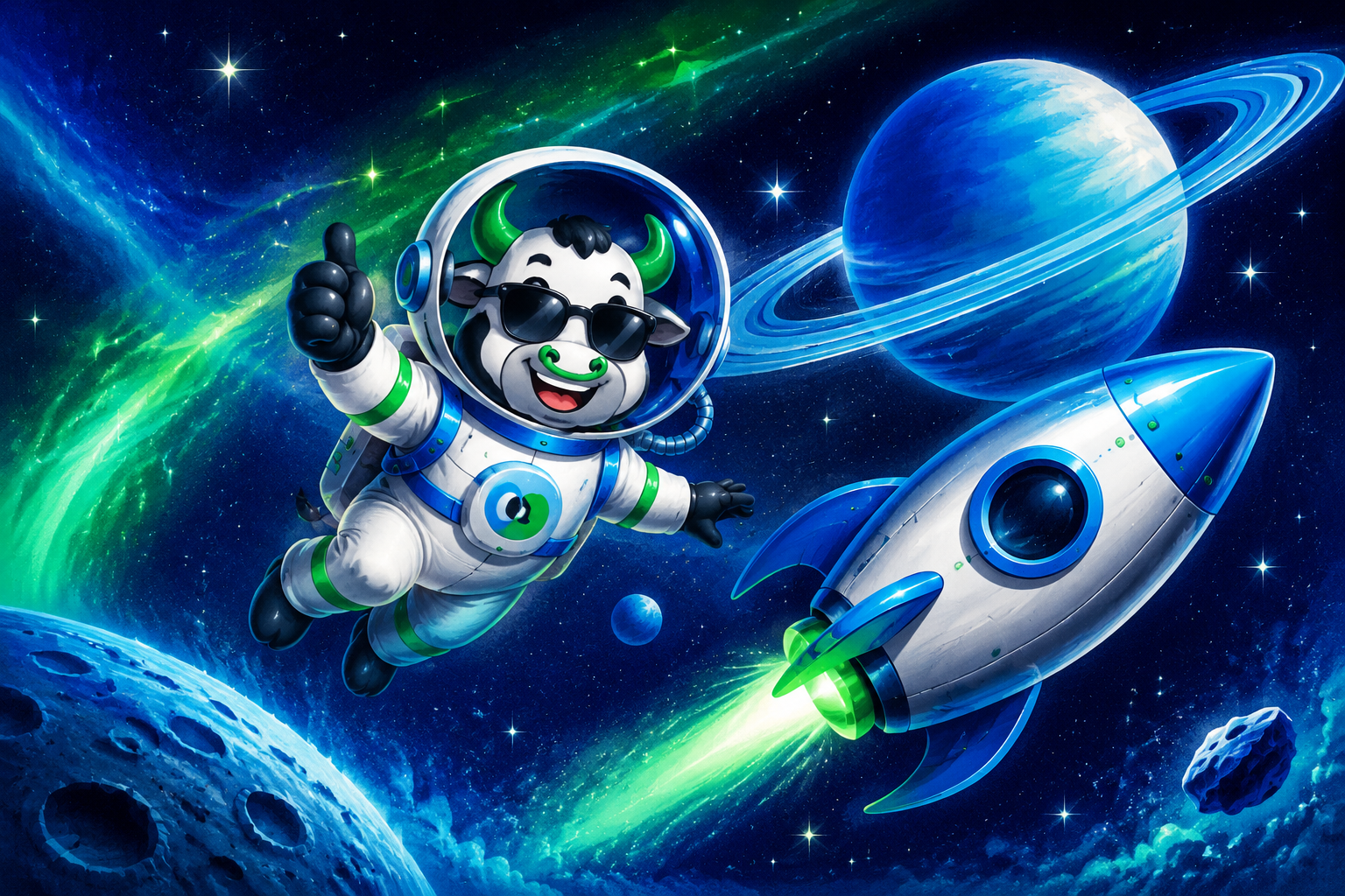 OnlyBulls floating in space beside a rocket